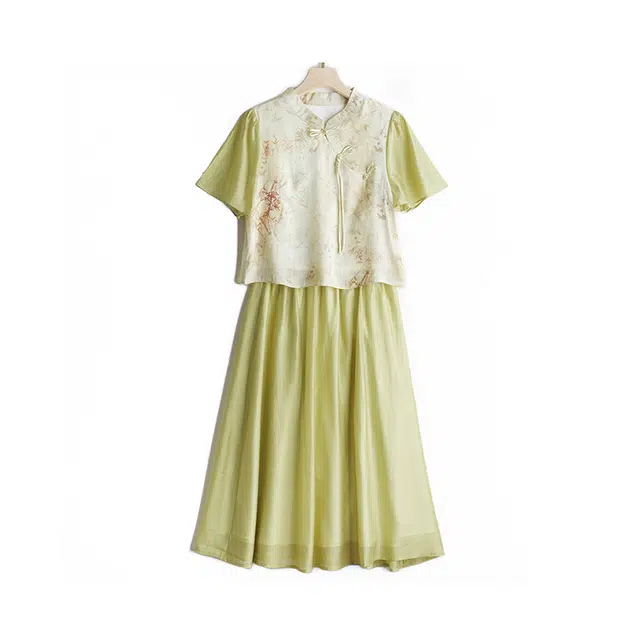 曲韩 新中式国风印花两件套装裙子复古时尚夏季短袖连衣裙 女款 绿色