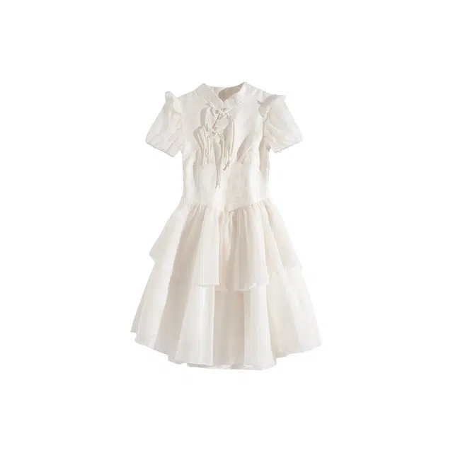 沐晓欣 纯欲风网纱蓬蓬裙新中式改良旗袍式荷叶领优雅气质设计感收腰高腰显瘦短袖连衣裙 女款 白色