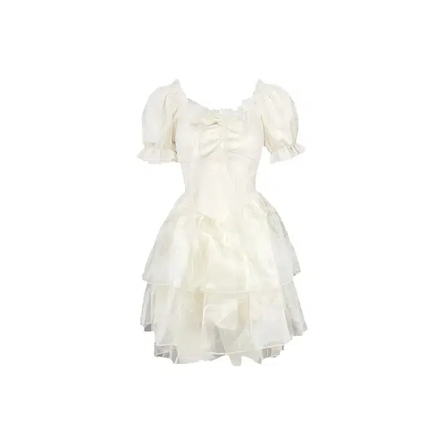 玉儿恋 甜美纯色法式温柔在逃公主裙仙女蓬蓬短裙修身森女系白雪仙踪清新甜美三层纱裙可爱蝴蝶结系带泡泡袖收腰短袖连衣裙 女款 杏色