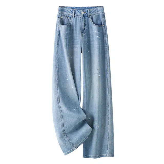 潞优野 微弹高腰宽松阔腿长裤百搭牛仔裤 女款 蓝色