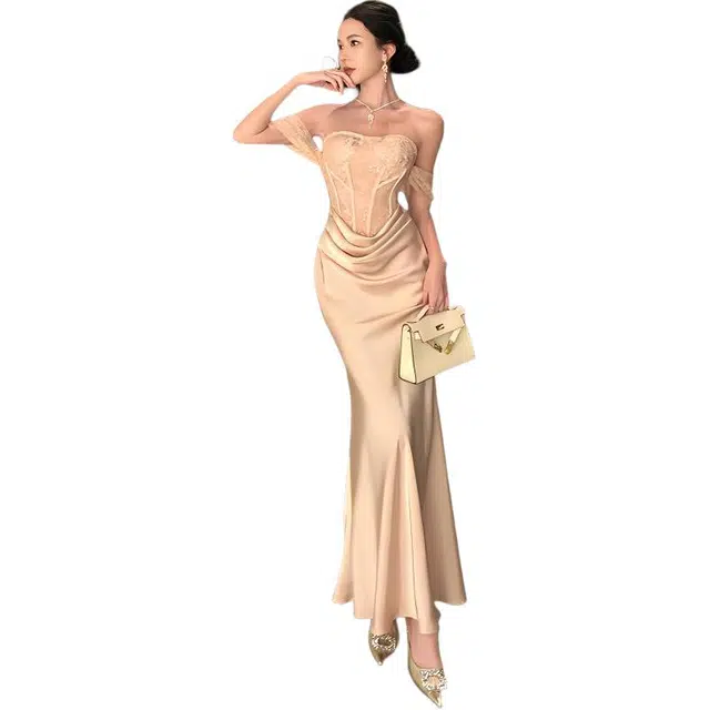 水中花 重工设计感高级感抹胸生日短袖连衣裙 女款 粉色