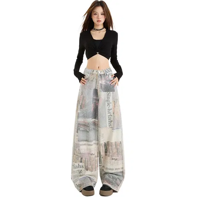 玫丝朵 美式复古报纸印花设计百搭宽松直筒阔腿牛仔裤 女款