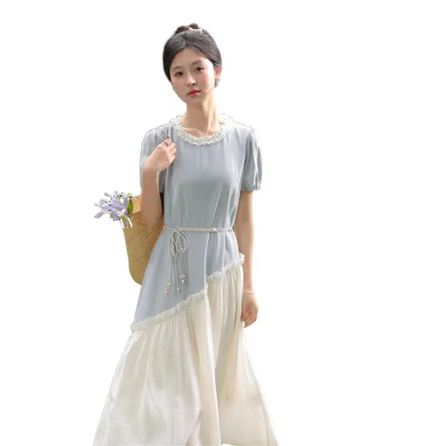 鹿向南 时尚舒适百搭短袖连衣裙 女款 薄荷蓝