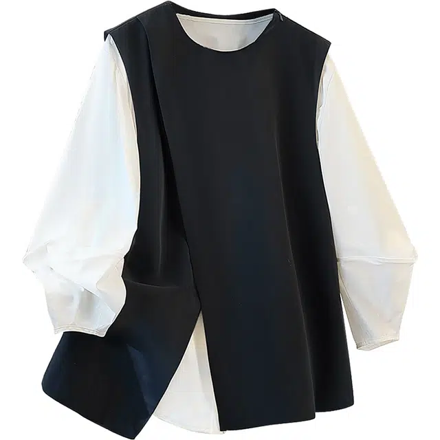 丝柏舍 开叉气质马甲搭圆领长袖衬衣通勤气质宽松两件套衬衫套装 女款