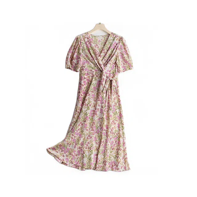 曲韩 法式碎花雪纺长裙子气质温柔轻熟风收腰显瘦夏季短袖连衣裙 女款 粉色