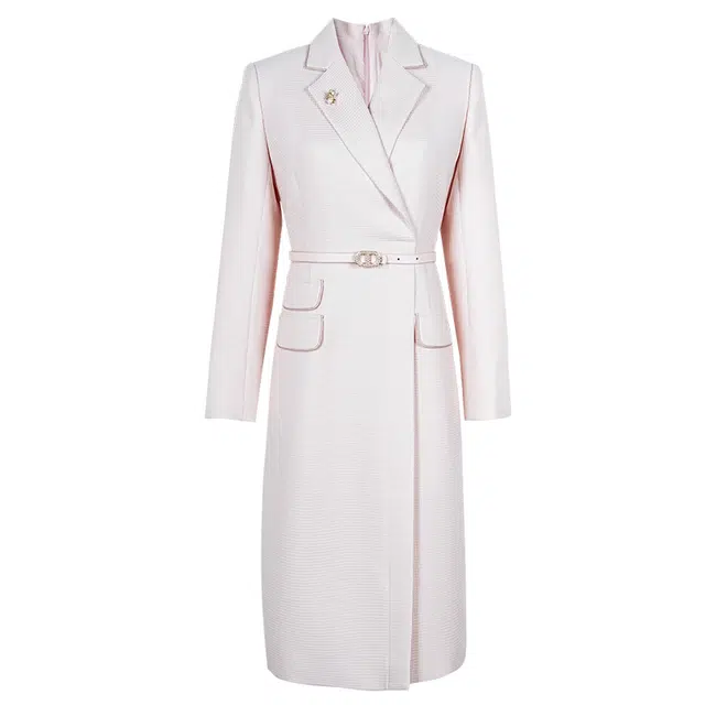 米思阳 气质温柔风纯色西装领华夫格收腰长袖连衣裙 女款 浅粉色