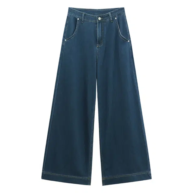 木清清 舒适百搭宽松休闲简约高腰垂感阔腿牛仔裤 女款 蓝色