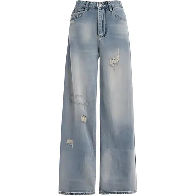 哒头下雨不愁 破洞高腰直筒宽松牛仔裤 女款 复古蓝色