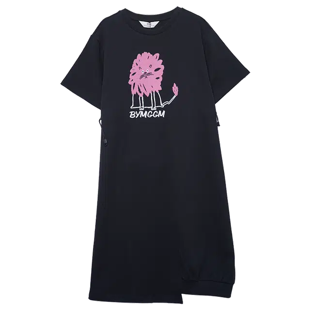 木果果木 抽绳中长款复古针织时尚简约短袖连衣裙 女款 黑色