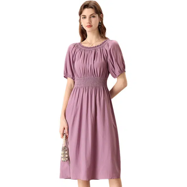 粉红玛琍 简约时尚设计感褶皱优雅短袖连衣裙 收腰 女款 紫色