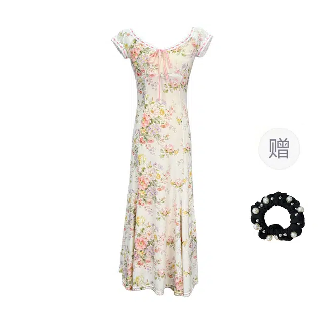 雾闪闪 文艺风高腰碎花植物花卉设计感修身短袖连衣裙 女款 花色