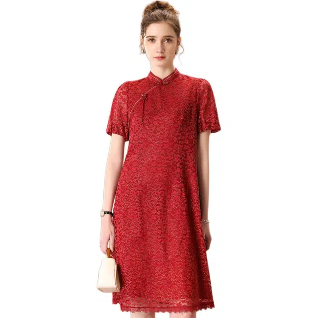 粉红玛琍 蕾丝舒适时尚短袖连衣裙 女款 锈红