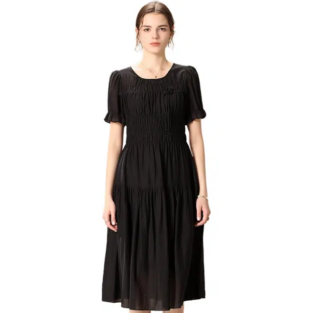 粉红玛琍 法式抽褶简约短袖连衣裙 女款 黑色