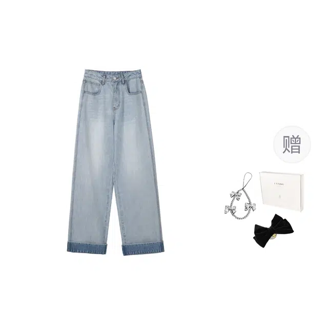 法儿家 翻转丹宁夏季韩系薄款百搭显瘦直筒牛仔裤 女款 蓝色