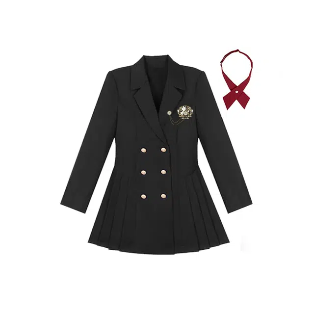 冰淇淋与鲸 西装挺阔收腰设计感裙子可拆卸徽章红色领结长袖连衣裙 女款