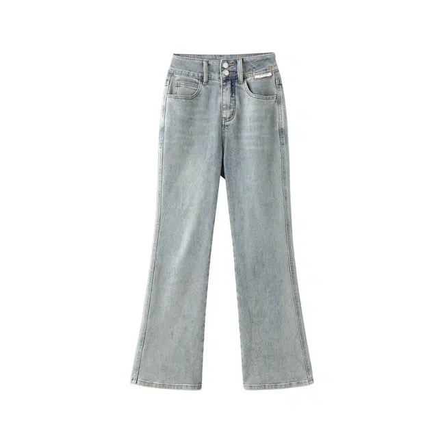 花栗鼠小姐 松弛慵懒感简约高级时髦洋气百搭高腰微喇纯色漫画腿牛仔裤 女款 水洗蓝