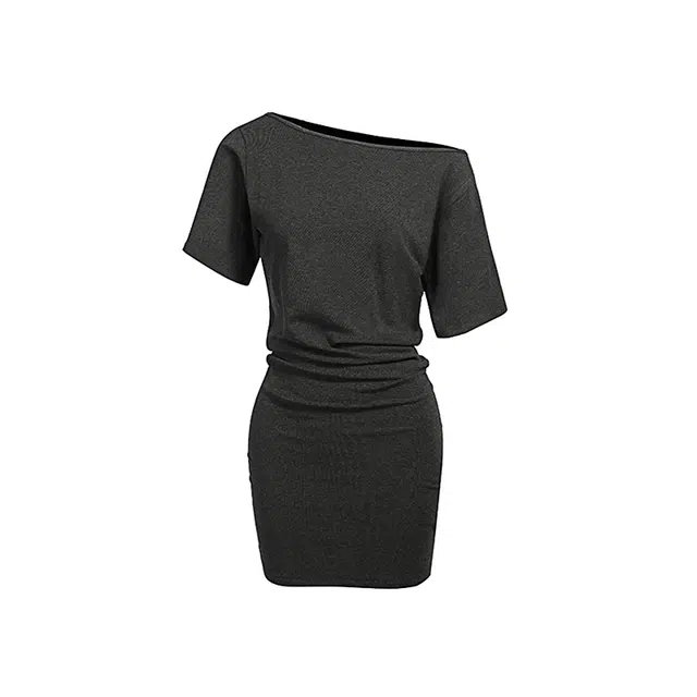 敲模女孩 纯欲风辣妹设计感斜肩性感露肩气质收腰包臀短袖连衣裙 女款