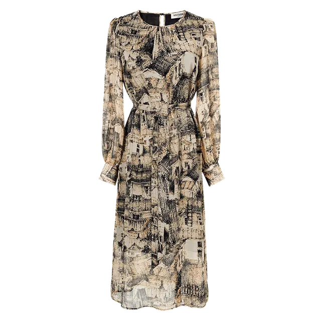 米思阳 时尚气质印花长袖连衣裙 杏黑色