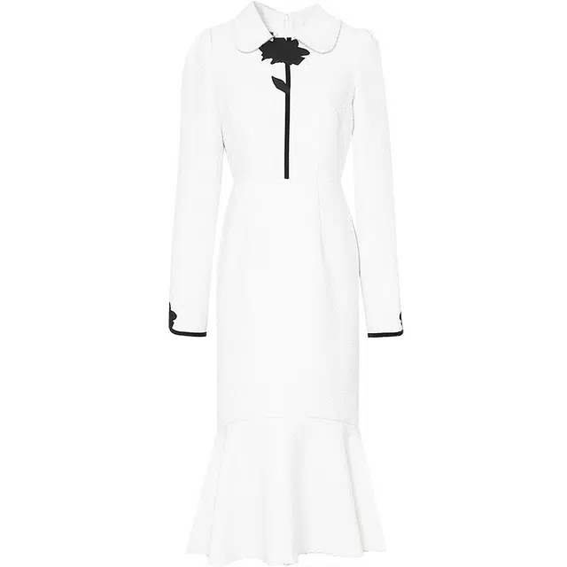 达菲时尚 气质千金风小香风粗花呢荷叶边长袖连衣裙 女款 白色