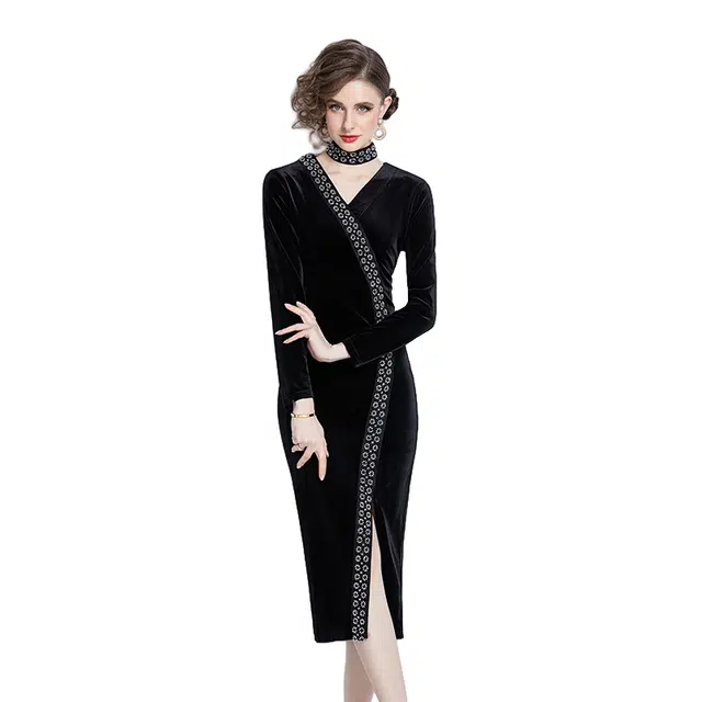 涂诗菲 高级感钉珠御姐范开叉气质长袖连衣裙 女款 黑色