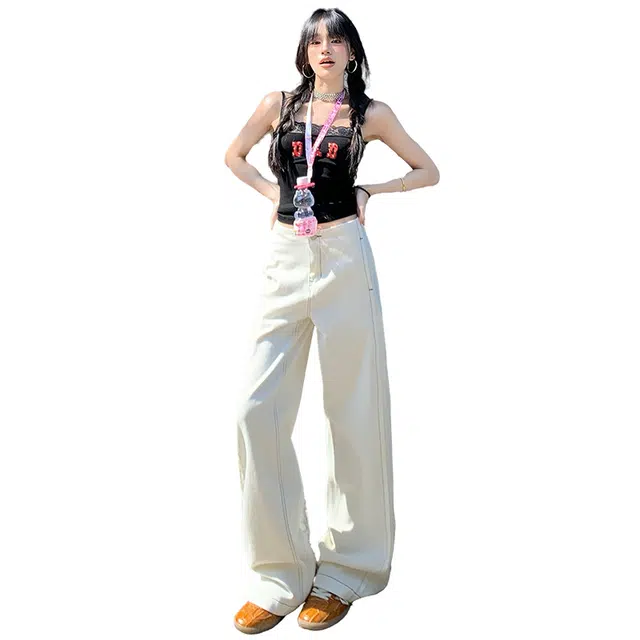 玫丝朵 美式复古明线分割设计阔腿牛仔裤 女款