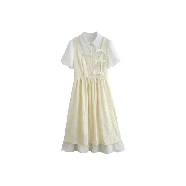 沐晓欣 甜酷风森系法式复古纯色中腰薄款千鸟格娃娃领中长款常规套头中腰蝴蝶结假两件初恋显瘦拼接气质百搭短袖短袖连衣裙 女款 黄色