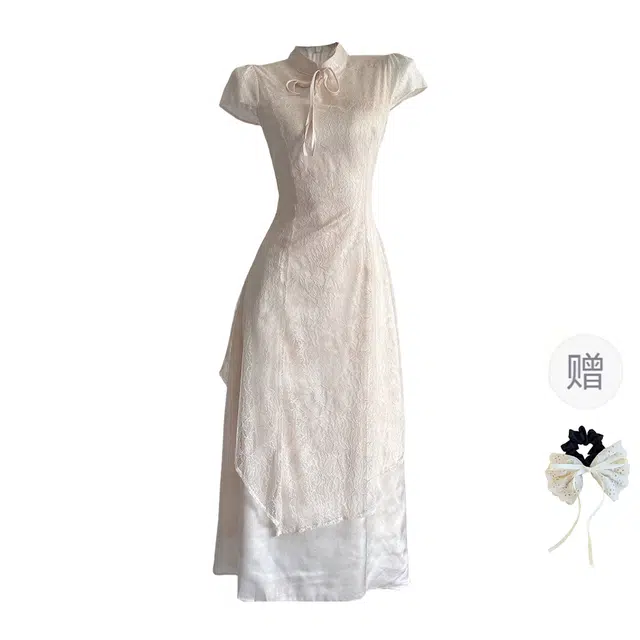 涂诗菲 新中式假两件改良旗袍名媛风气质立领蕾丝拼接镂空短袖连衣裙 女款 杏色