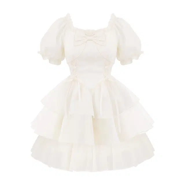 棉购 法式蝴蝶结提花通勤时尚纯色短袖连衣裙 女款 杏色