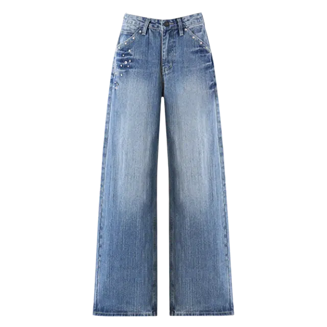 拾籍 美式铆钉设计感高街宽松显瘦阔腿牛仔裤 女款 复古蓝