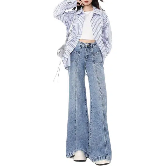 欧迪芬 美式高街设计感宽松阔腿高腰口袋设计垂感拖地柔软舒适牛仔裤 女款 浅蓝