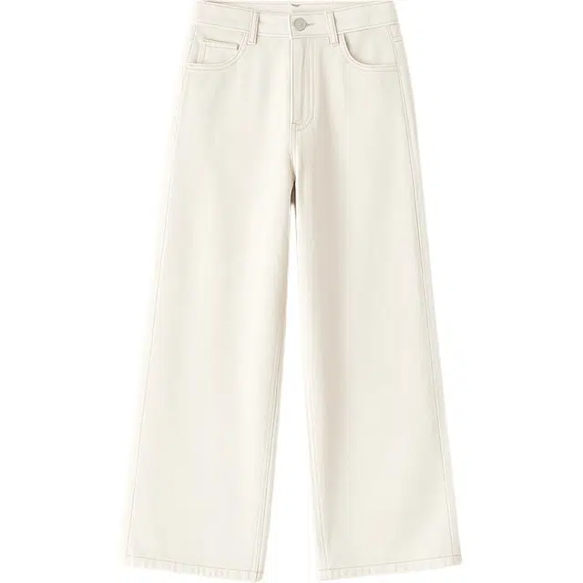 潞优野 时尚通勤百搭阔腿裤女春季腰头设计感牛仔裤 女款 米白色