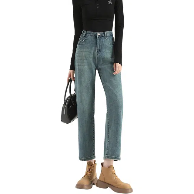 法文箱子 高腰百搭烟管裤长裤牛仔裤 女款 蓝色