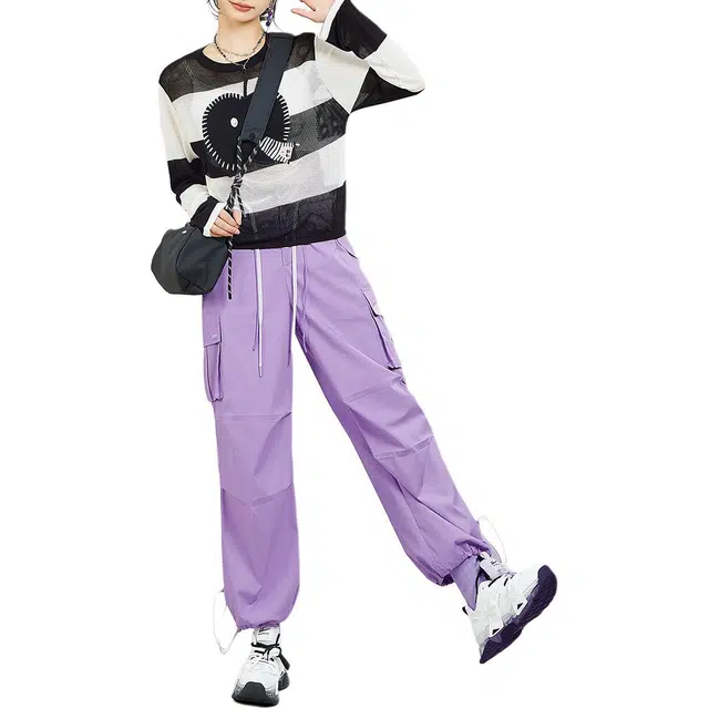 木果果木 纯色工装褶皱设计针织运动裤 女款