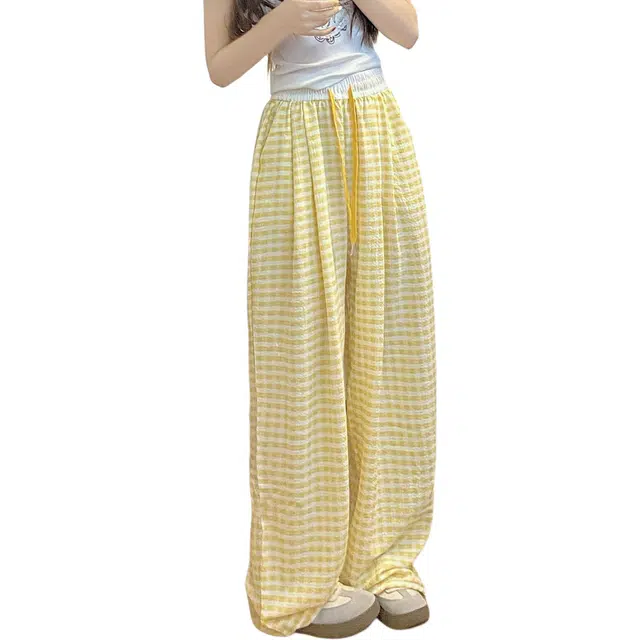 沐晓欣 甜辣穿搭出游多巴胺格子阔腿长裤休闲裤 女款