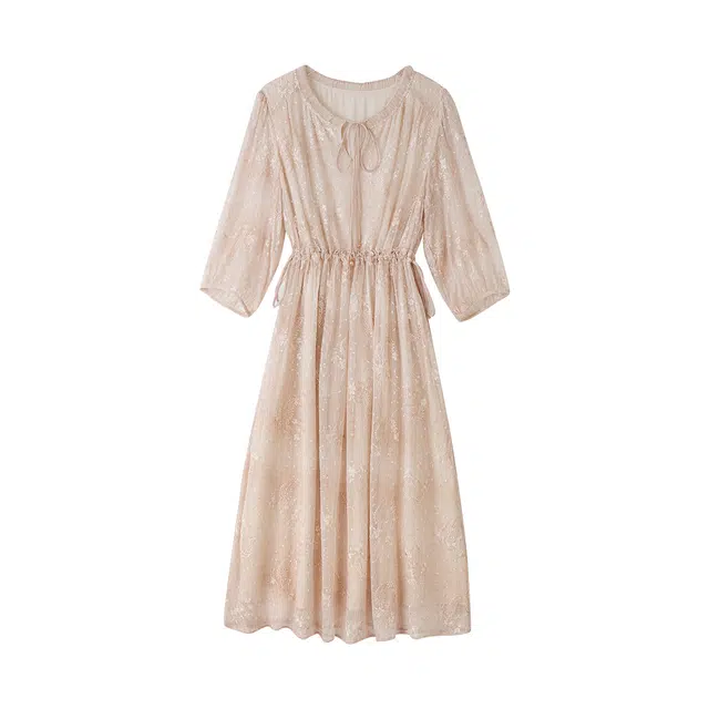 着西 高端粉色重工桑蚕丝短袖连衣裙 女款 香槟粉