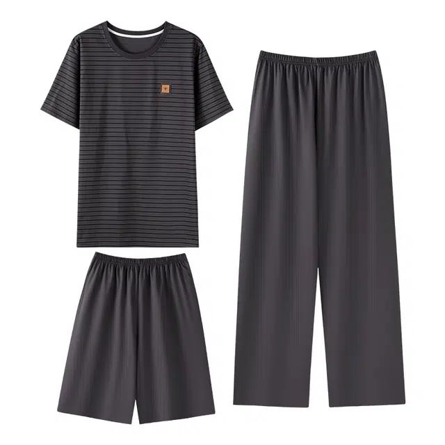 向薇 简约休闲条纹短袖家居服三件套可外穿睡衣套装 男款