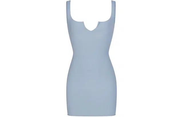 SKIMS SS24 RAW EDGE SLIT FRONT MINI DRESS DENIM