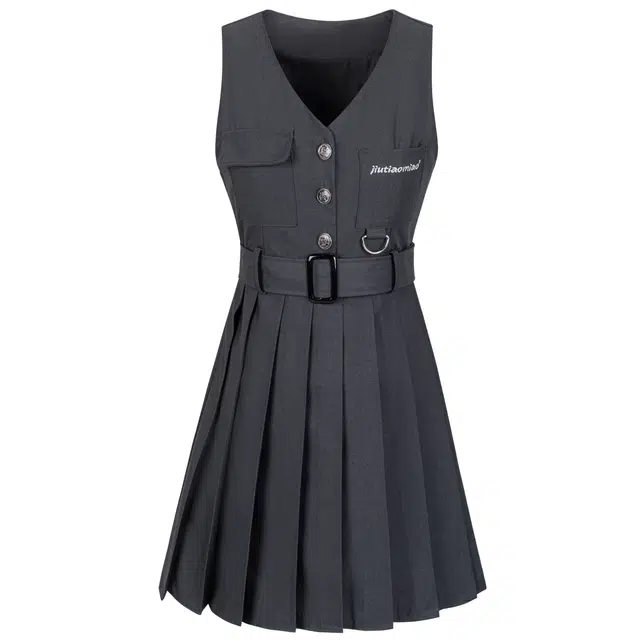 九条喵 学院风纯色百褶制服无袖连衣裙 女款 深灰色