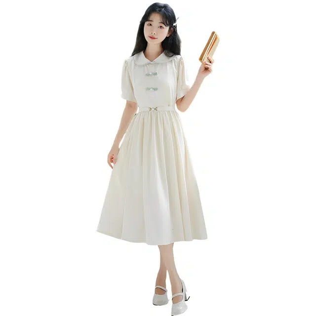 水中花 文艺娃娃领雪纺收腰小清新短袖连衣裙 女款 白色