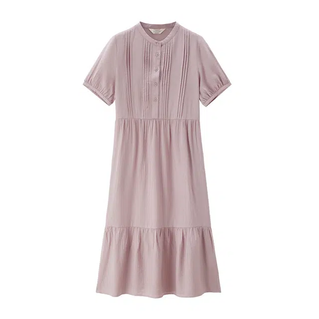 佐丹奴 压褶立领荷叶边合身纯色短袖连衣裙 女款