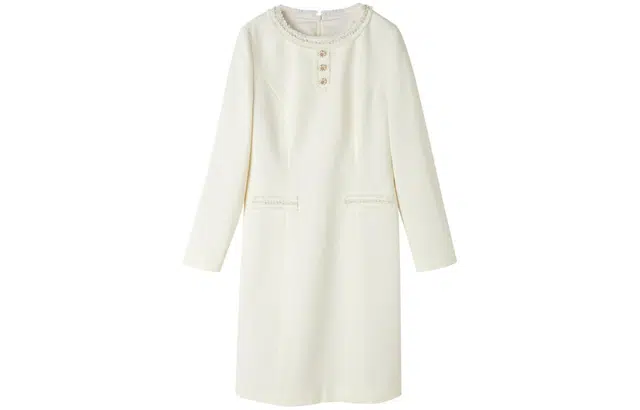 【dme】 纯色拉链收腰长袖连衣裙 米白