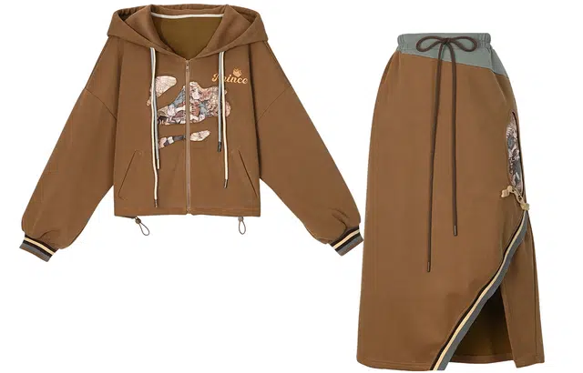 森女部落 王子日记 原创美拉德复古印花卫衣高腰开叉半身裙休闲套装 女款