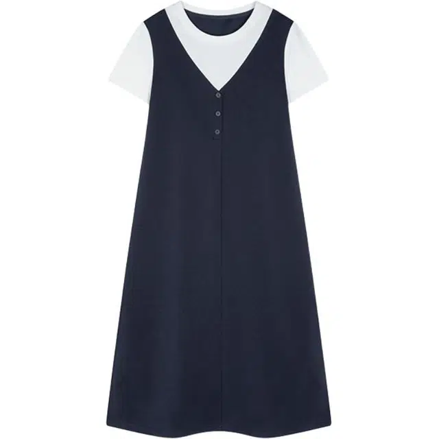 沫晗依美 通勤简约拼色假两件短袖连衣裙 女款 藏青拼白