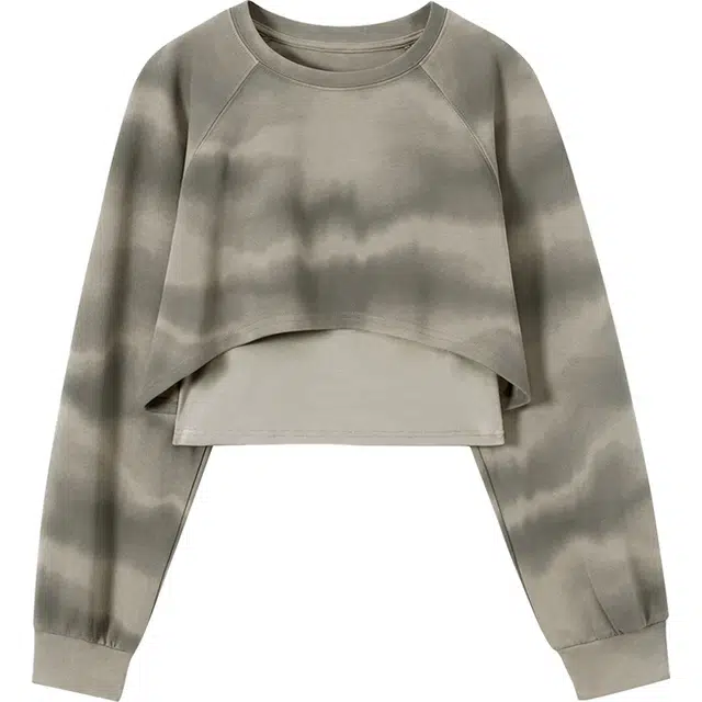 她池 简约圆领长袖卫衣套头内搭背心休闲套装 女款 灰绿色