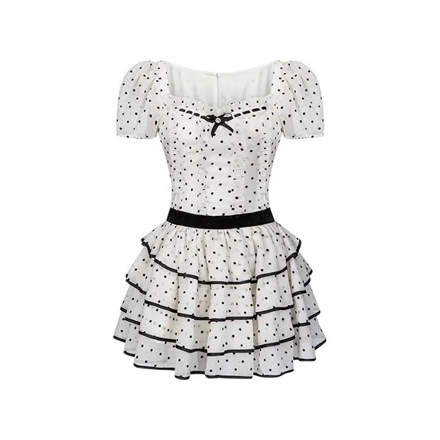 费尔岛上的猫 少女感设计感合身甜美拼接可爱印花方领蝴蝶结收腰薄款泡泡袖短袖连衣裙 女款 波点