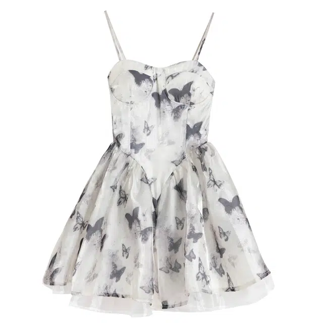 九条喵 仿鱼骨抹胸蝴蝶扎染蓬蓬吊带连衣裙 女款 白色