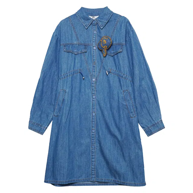 木果果木 纯色翻领卡通刺绣装饰舒适休闲长袖连衣裙 女款 牛仔蓝