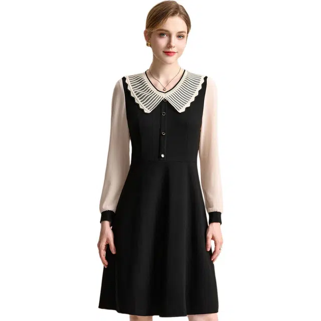 粉红玛琍 娃娃领休闲舒适长袖连衣裙 女款 黑色