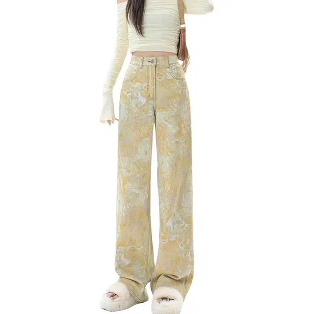 哒头下雨不愁 扎染印花设计感涂鸦国风彩色花裤子牛仔裤 女款 黄色