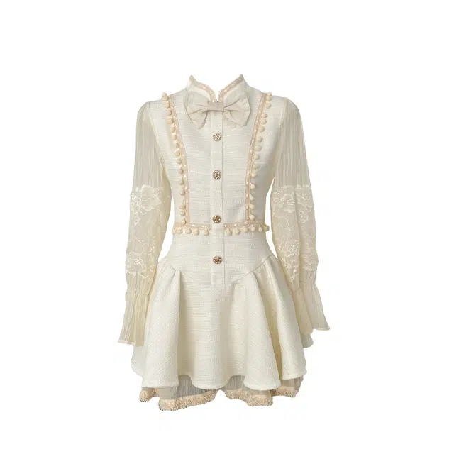 涂诗菲 小香风公主裙收腰蝴蝶结长袖连衣裙 女款 山茶白